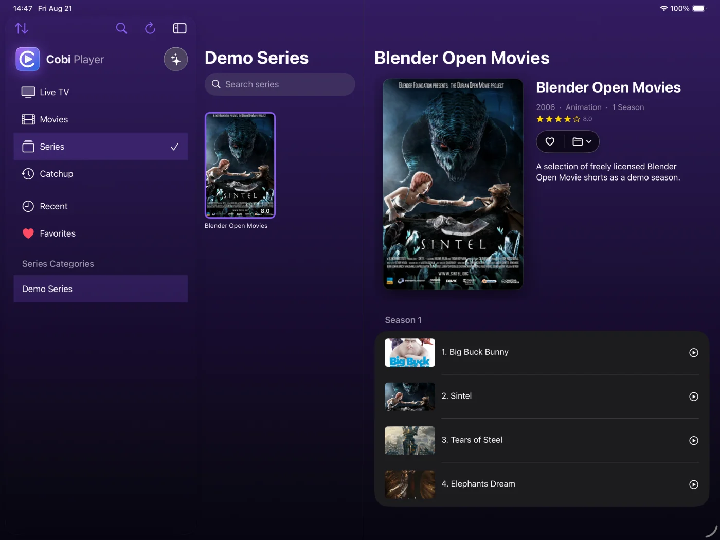 iPad: a series with its seasons, episode thumbnails, episode titles and running times.