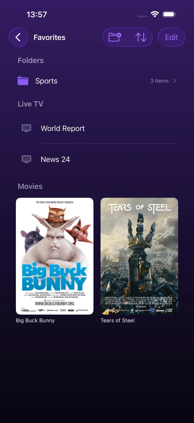iPhone: a favorites folder holding channels and film posters together in one list.