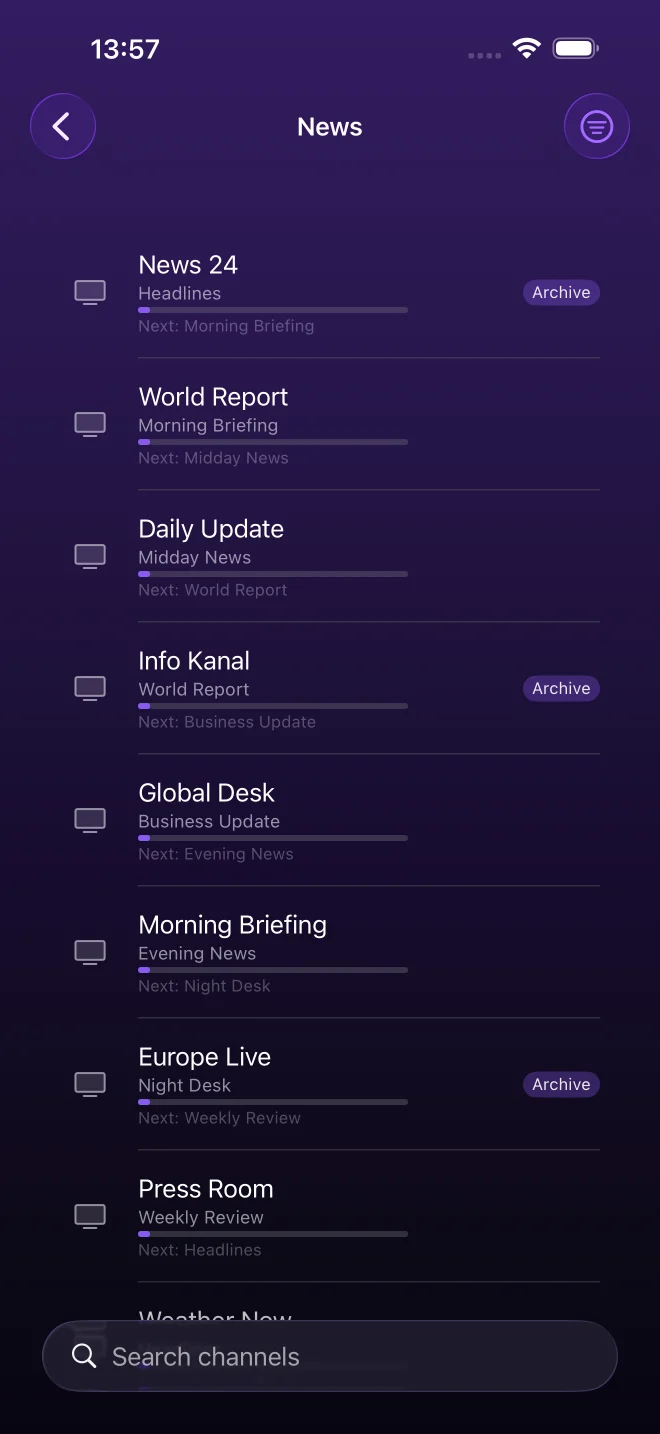 iPhone with a channel list: every row shows the program running now, what follows it, and a progress bar.