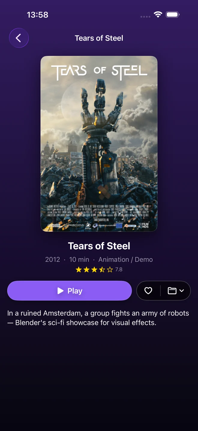 iPhone: a film’s detail page with poster, year, running time, genre, star rating, plot and a Play button.