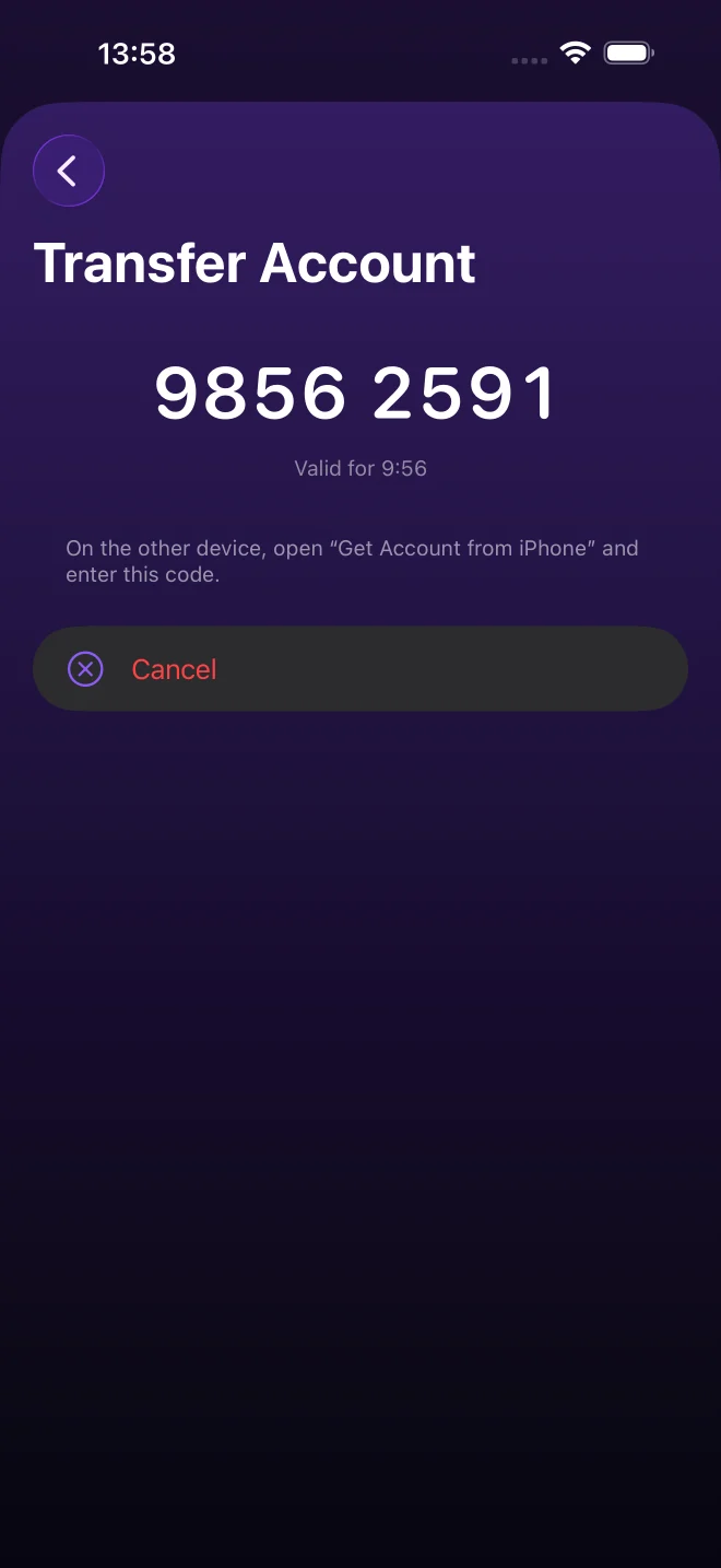 iPhone: the “Transfer Account” screen showing an eight-digit code and how long it stays valid.