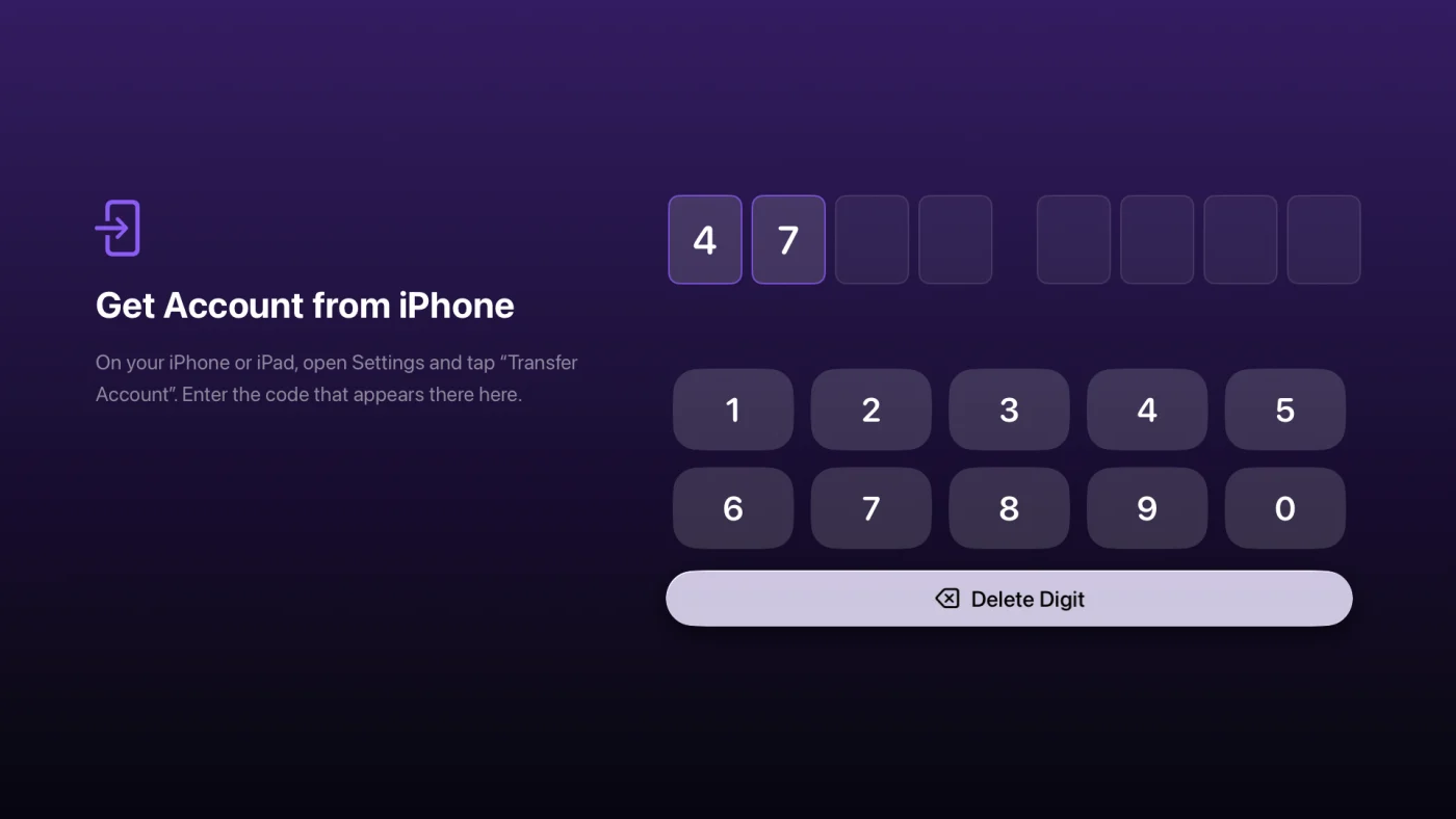 Apple TV: “Get Account from iPhone” with eight boxes for the code, the first two already filled, and a grid of digits to enter the rest with the remote.