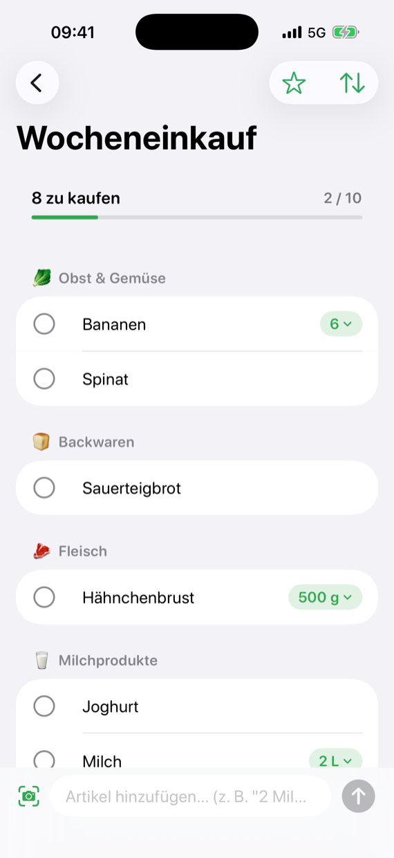 Die Wocheneinkaufsliste, automatisch nach Gang sortiert