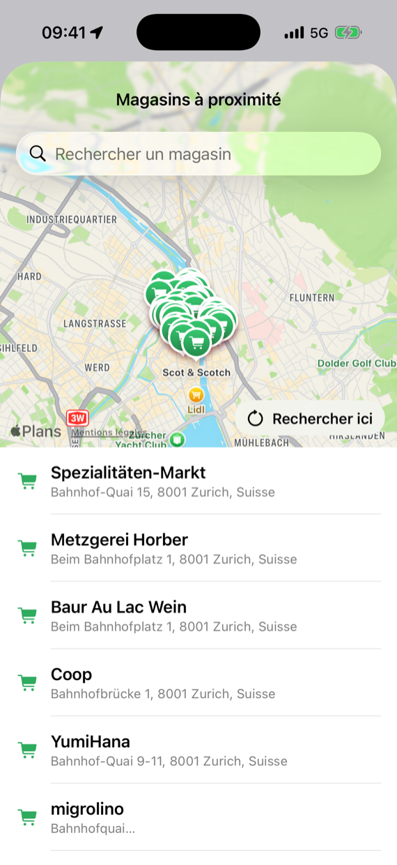 Les magasins à proximité sur la carte