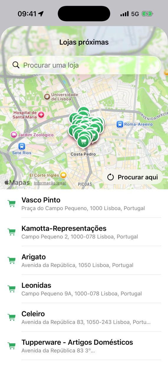 Lojas por perto, no mapa